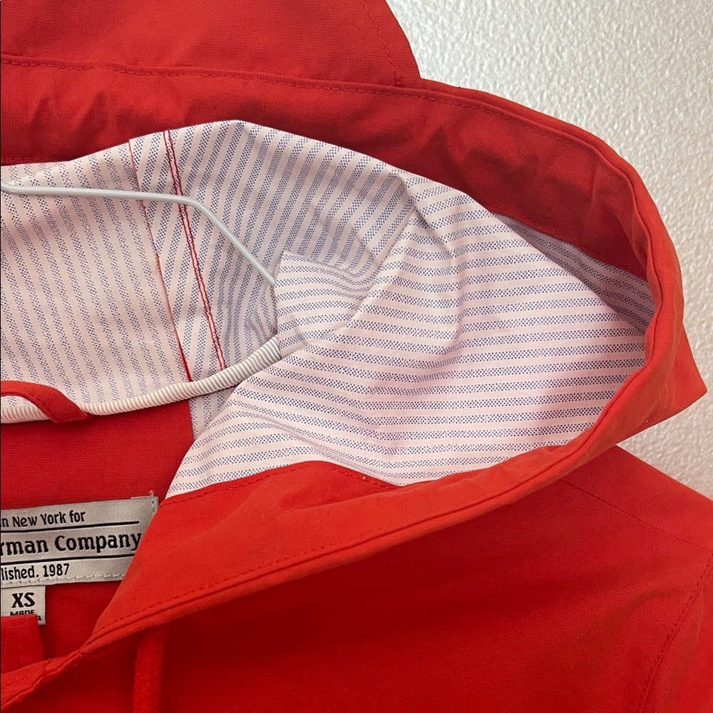 XS- J. Peterman ‘Pray for Rain’ Bright Red Hooded Raincoat Blue Stripe Inside